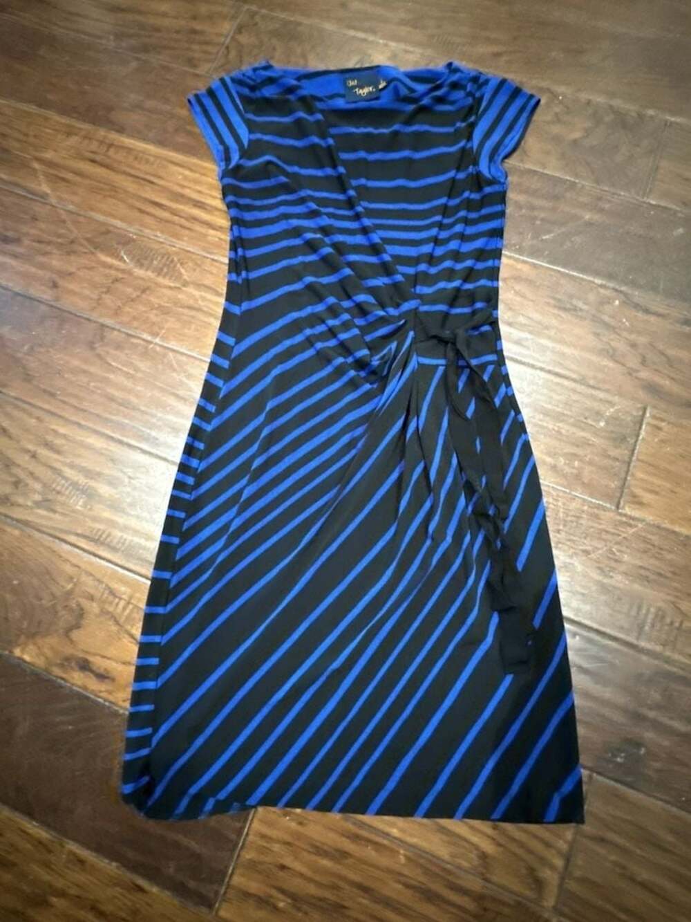 Just Taylor Blue and Black Striped Ruched Side Tie Sheath Dress‎